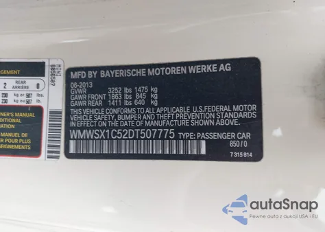 2013 Mini Coupe Cooper из США, поврежденный, VIN WMWSX1C52DT507775